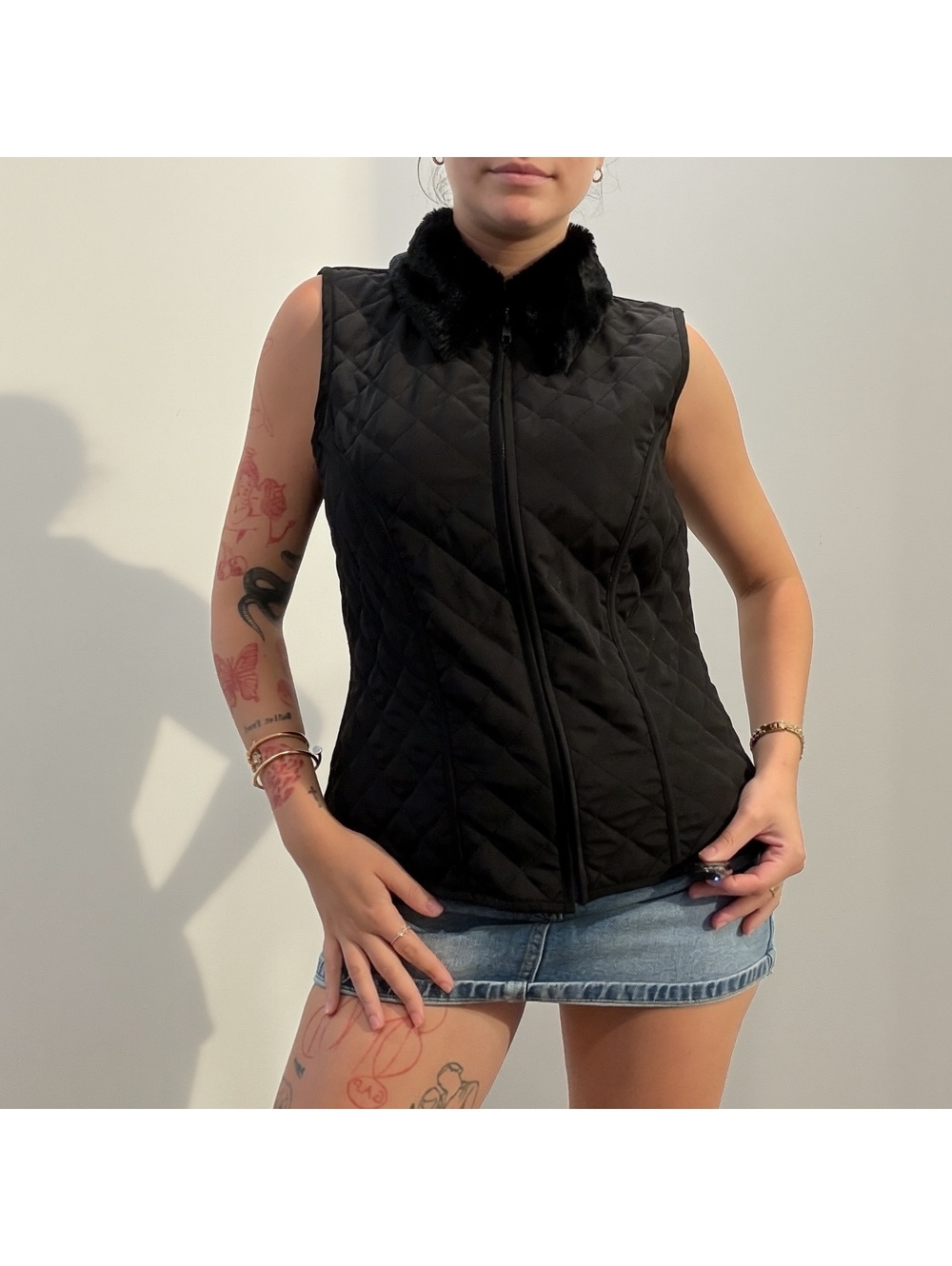 Black Quilted Faux Fur Collar Vest